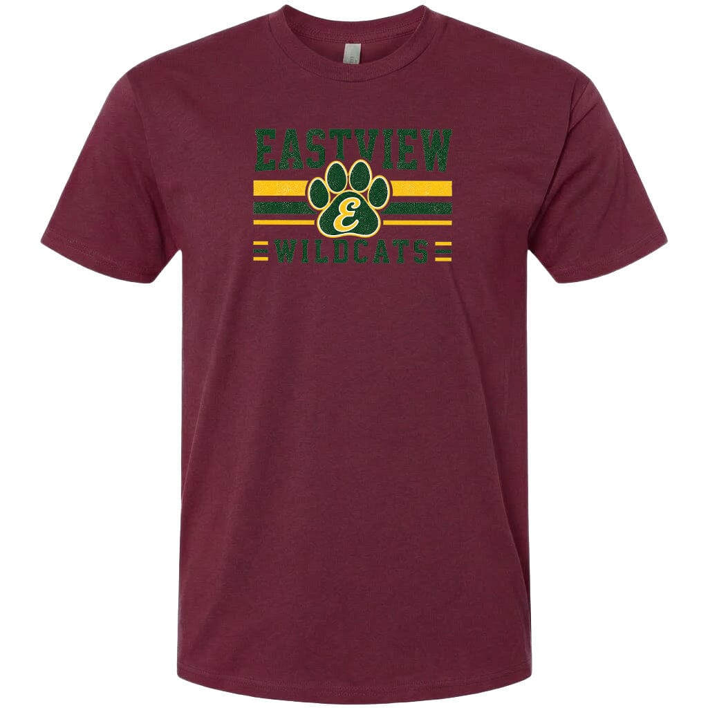 A burgundy-colored t-shirt with a graphic design featuring a paw print and the text "EASTVIEW WILDCATS" printed on it.