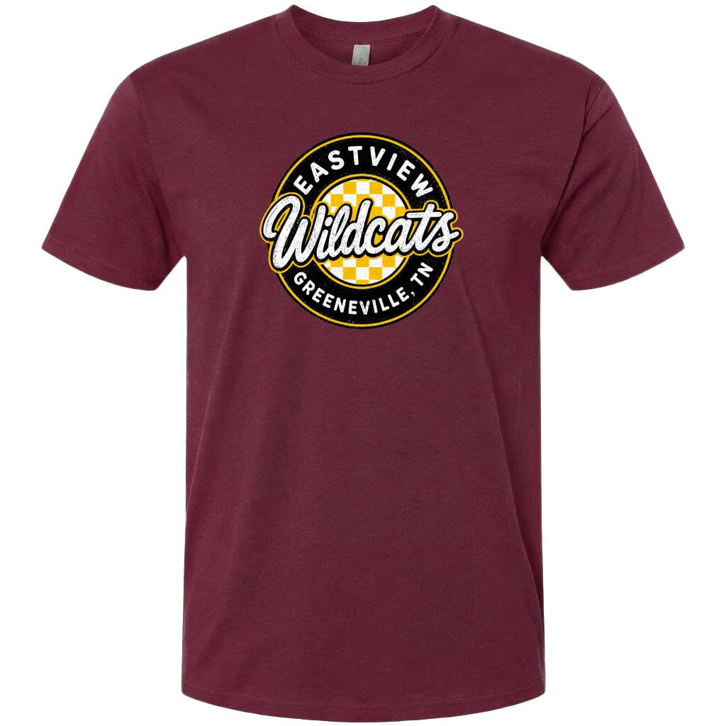 A burgundy-colored t-shirt with a circular logo that says "EASTVIEW Wildcats Greeneville, TN".