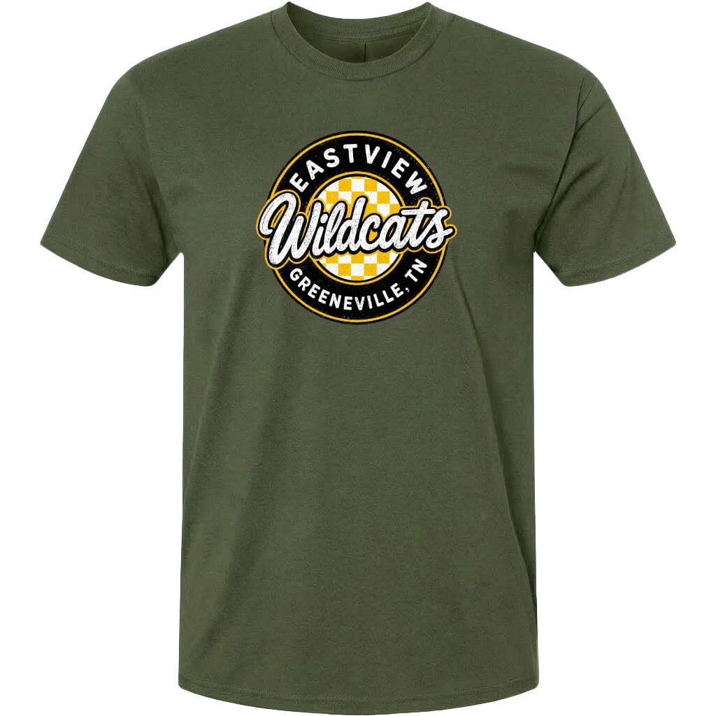 A green t-shirt with a circular logo that says "EASTVIEW Wildcats Greeneville, TN".