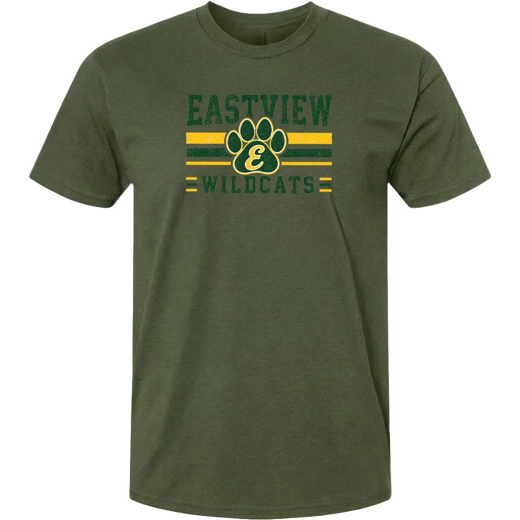 A green t-shirt with a graphic design featuring a paw print and the text "EASTVIEW WILDCATS" printed on it.