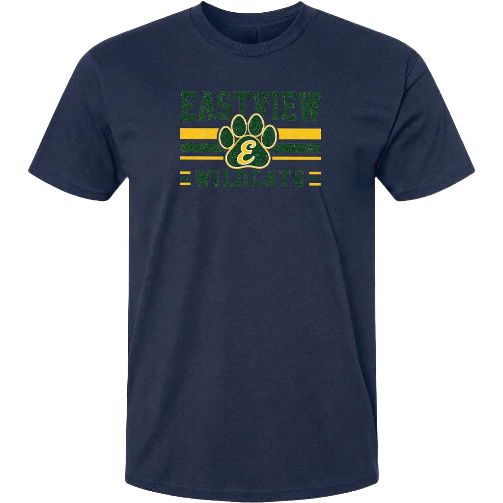 A navy blue t-shirt with a graphic design featuring a paw print and the text "EASTVIEW WILDLIFE" printed on it.