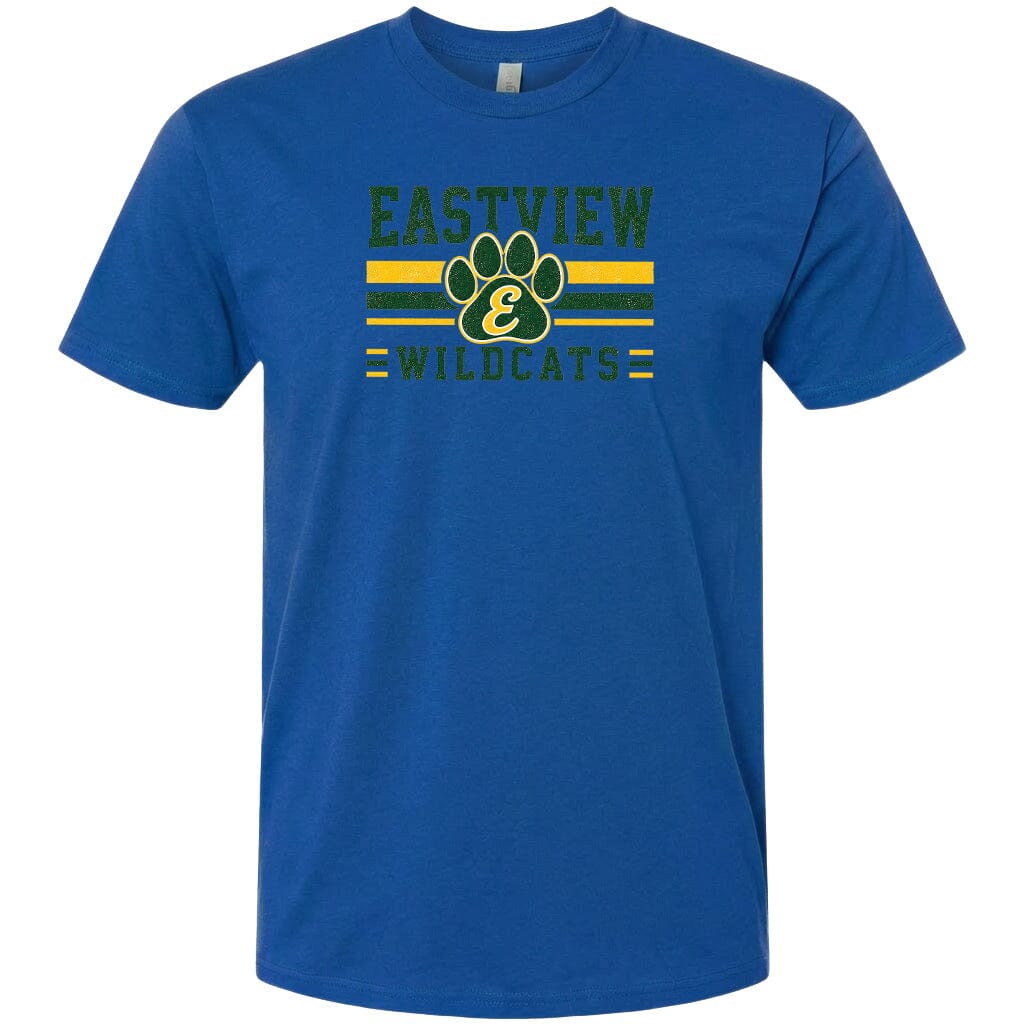 A blue t-shirt with a graphic design featuring a paw print and the text "EASTVIEW WILDCATS".