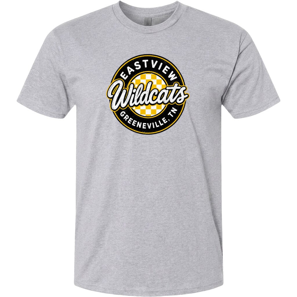 A gray t-shirt with a circular logo that says "EASTVIEW Wildcats Greeneville, TN".