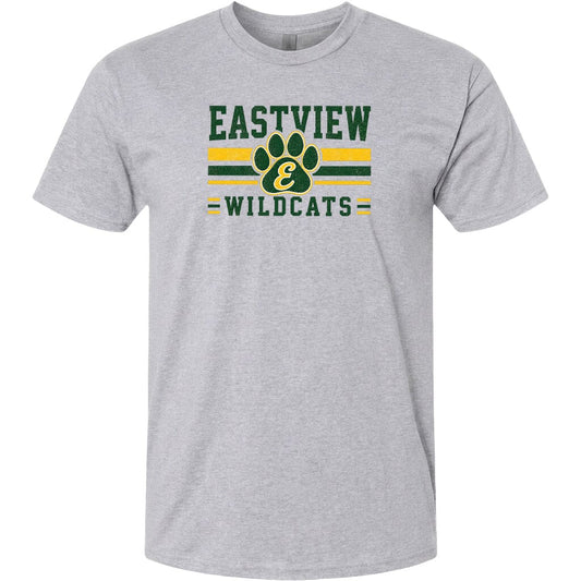 A gray t-shirt with a graphic design featuring the text "EASTVIEW WILDCATS" and a paw print symbol.