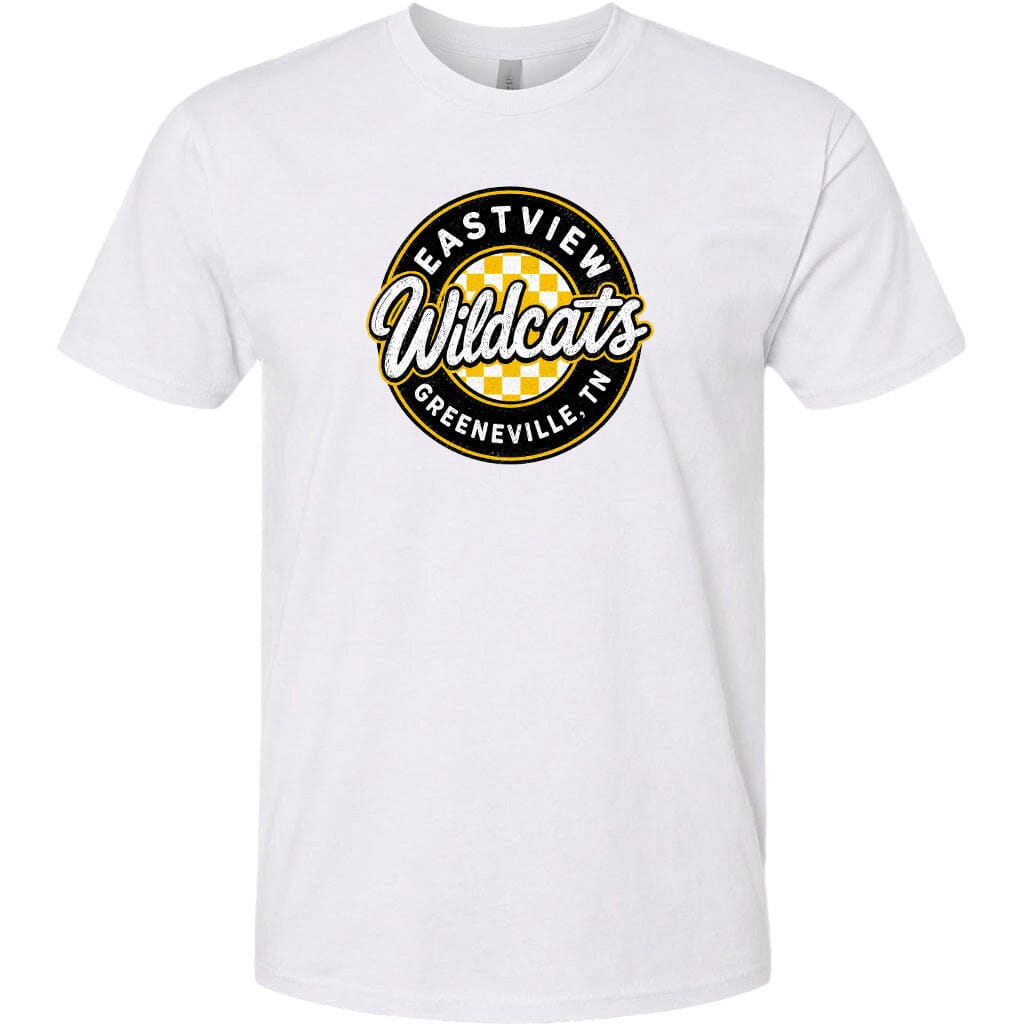 A white t-shirt with a circular logo that says "EASTVIEW Wildcats Greeneville, TN".