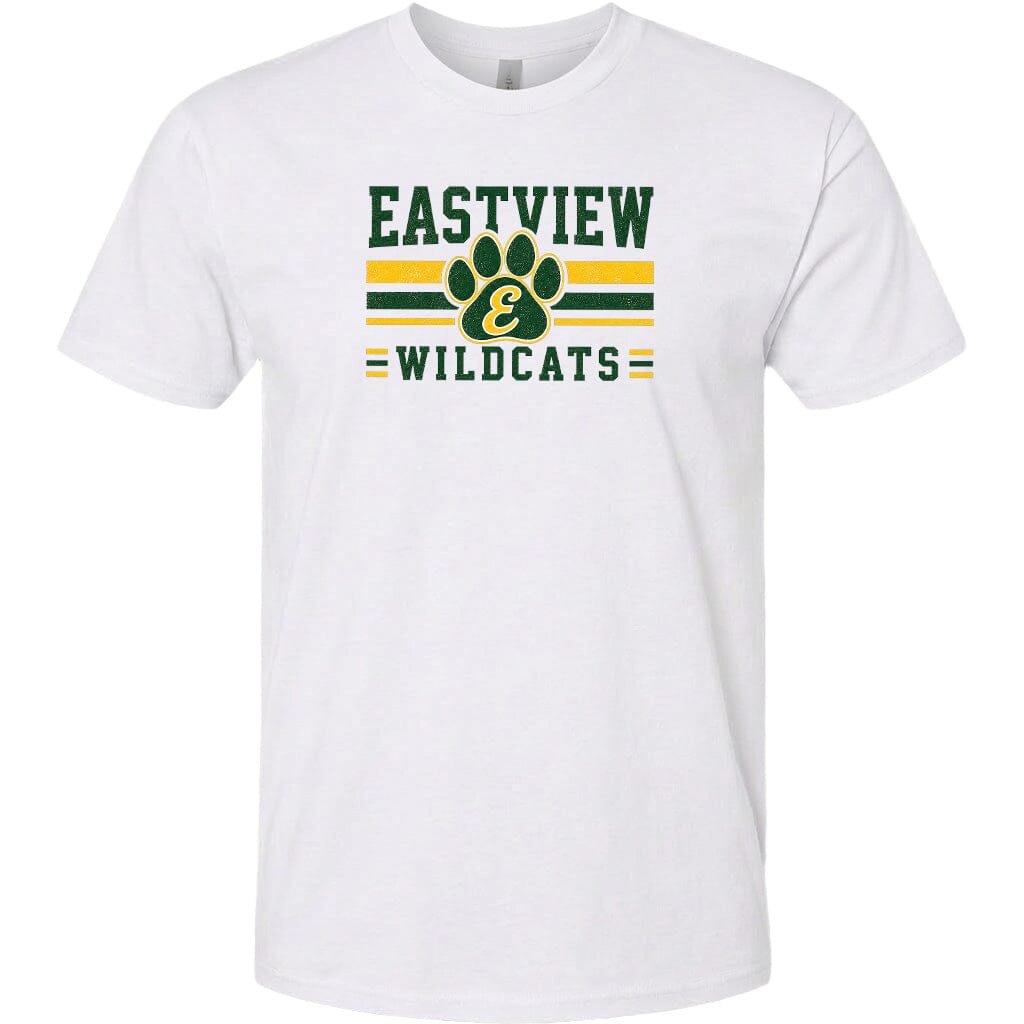 A white t-shirt with a graphic design featuring the text "EASTVIEW WILDCATS" and a paw print symbol.