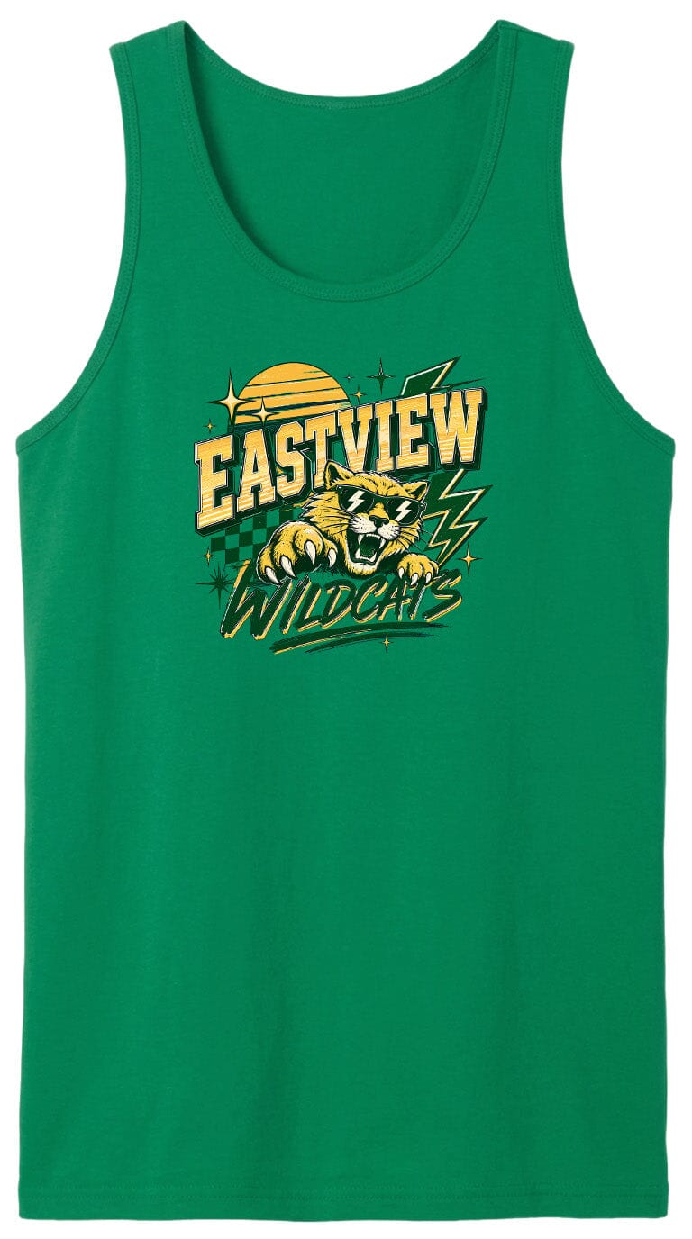 A green tank top with a graphic design featuring a cat and the text "EASTVIEW WILDCATS" printed on it.