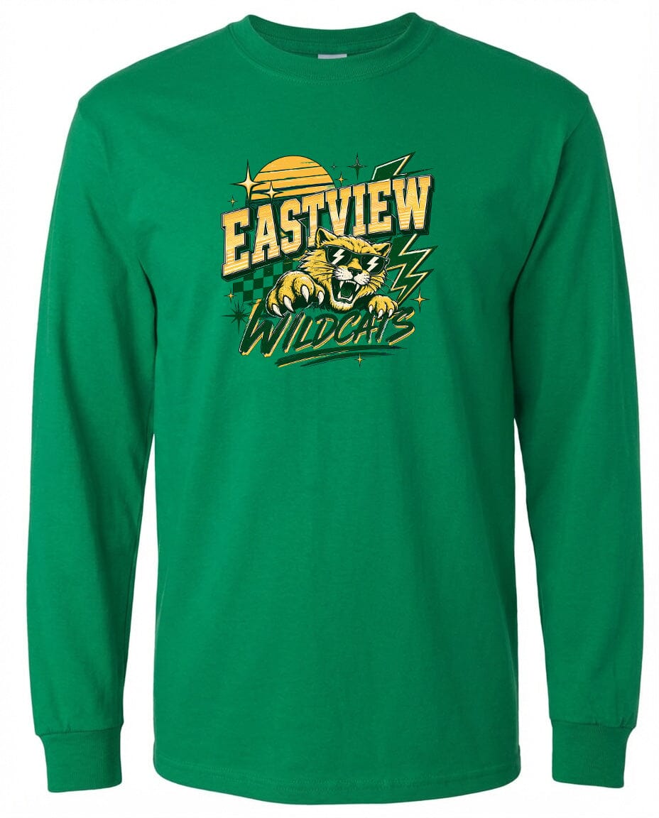 A green long-sleeved t-shirt with a graphic design featuring a tiger and the text "EASTVIEW WILDCATS" printed on it.