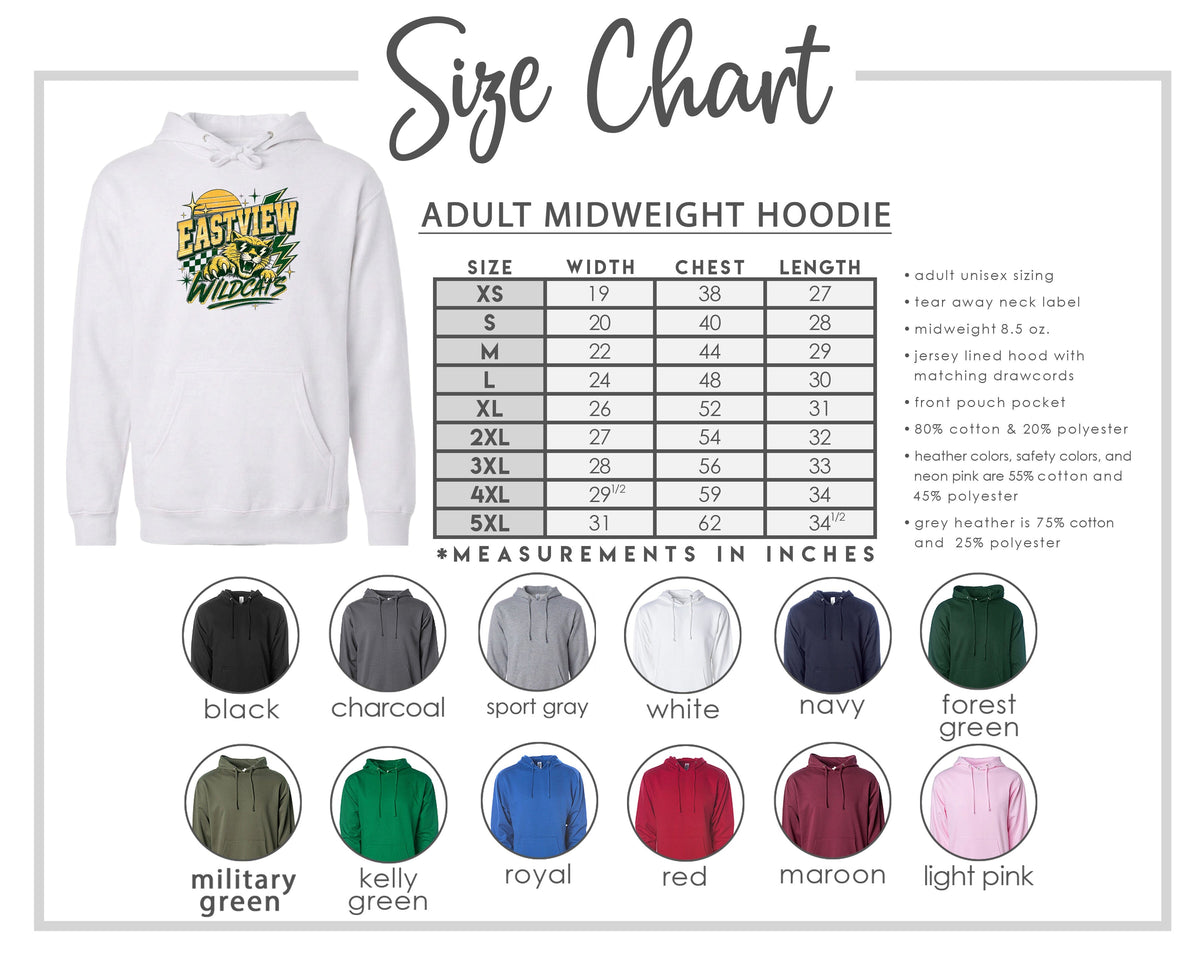 The image is a size chart for an adult midweight hoodie, including various color options and corresponding measurements in inches.