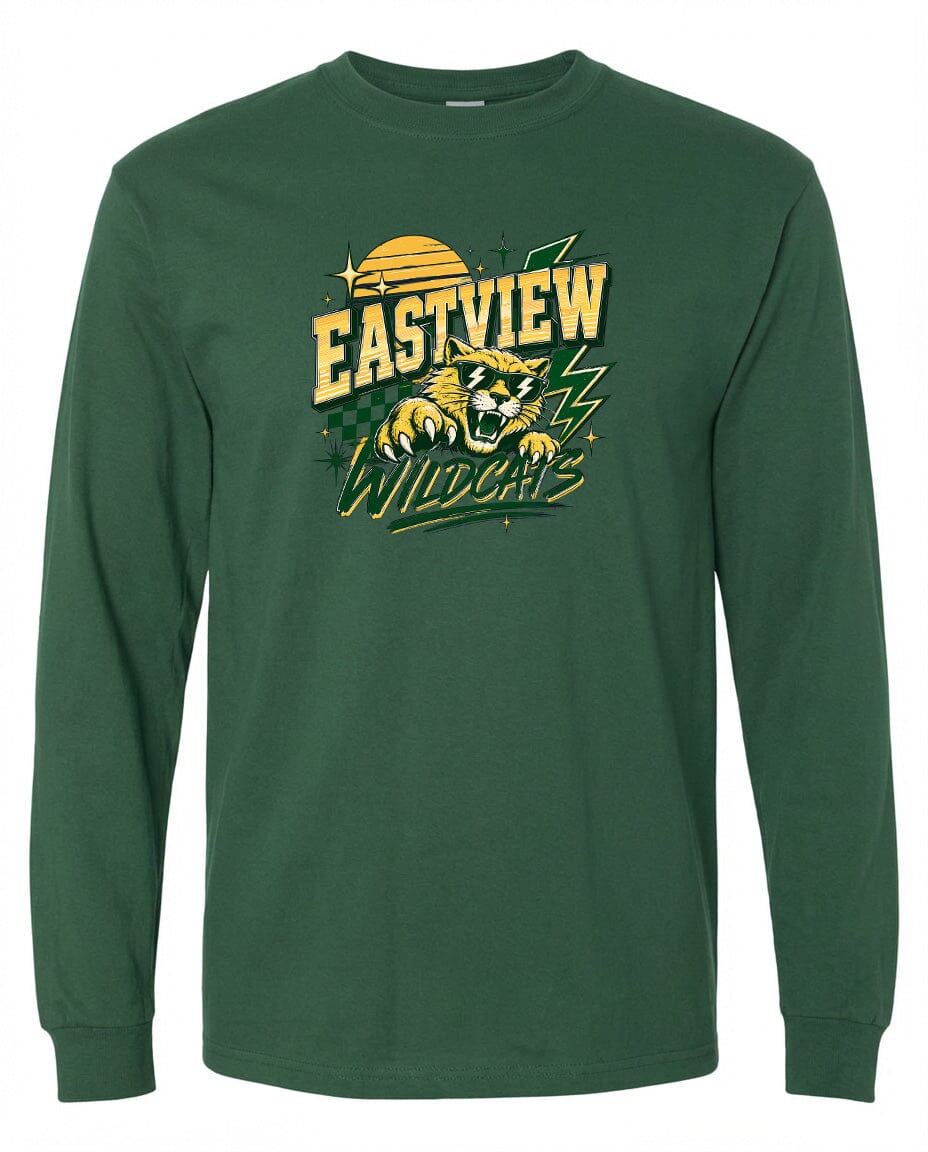 A green long-sleeved t-shirt with a graphic design featuring a panther and the text "EASTVIEW WILDCATS".