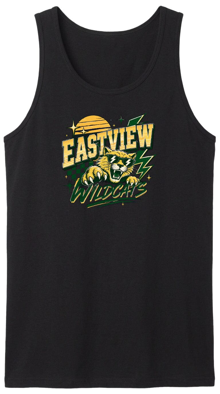 A black tank top with a graphic design featuring a tiger or panther and the text "EASTVIEW WILDCATS" printed on it.