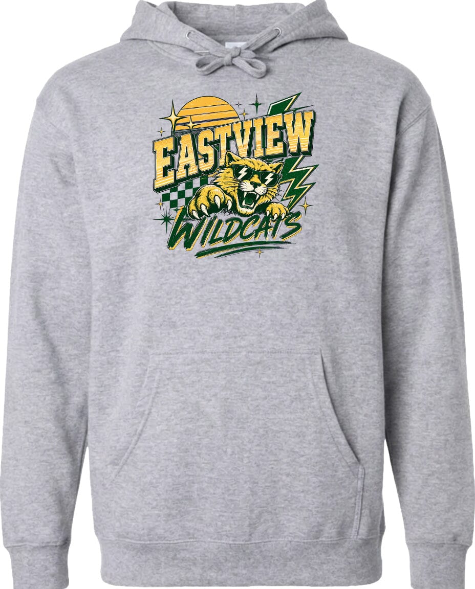 A gray hoodie with a graphic design featuring a tiger and the text "EASTVIEW WILDCATS".