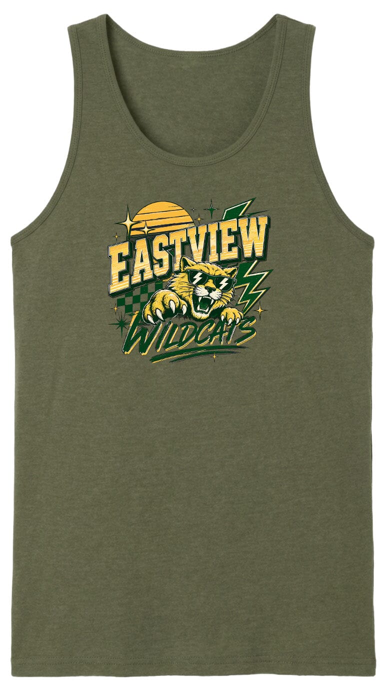 A green tank top with a graphic design featuring a yellow sun and a cat with a fierce expression.