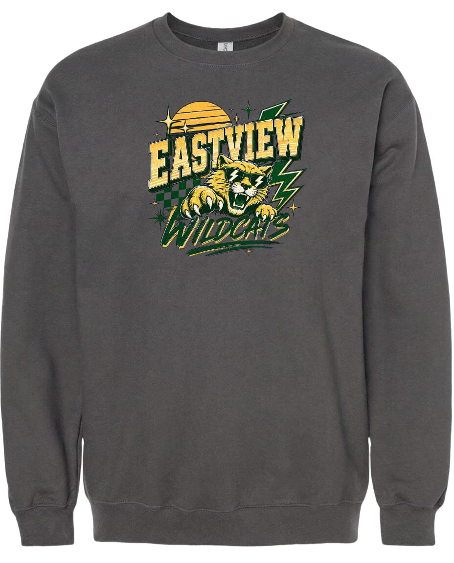 A gray sweatshirt with a graphic design featuring a tiger and the text "EASTVIEW WILDCATS" printed on it.