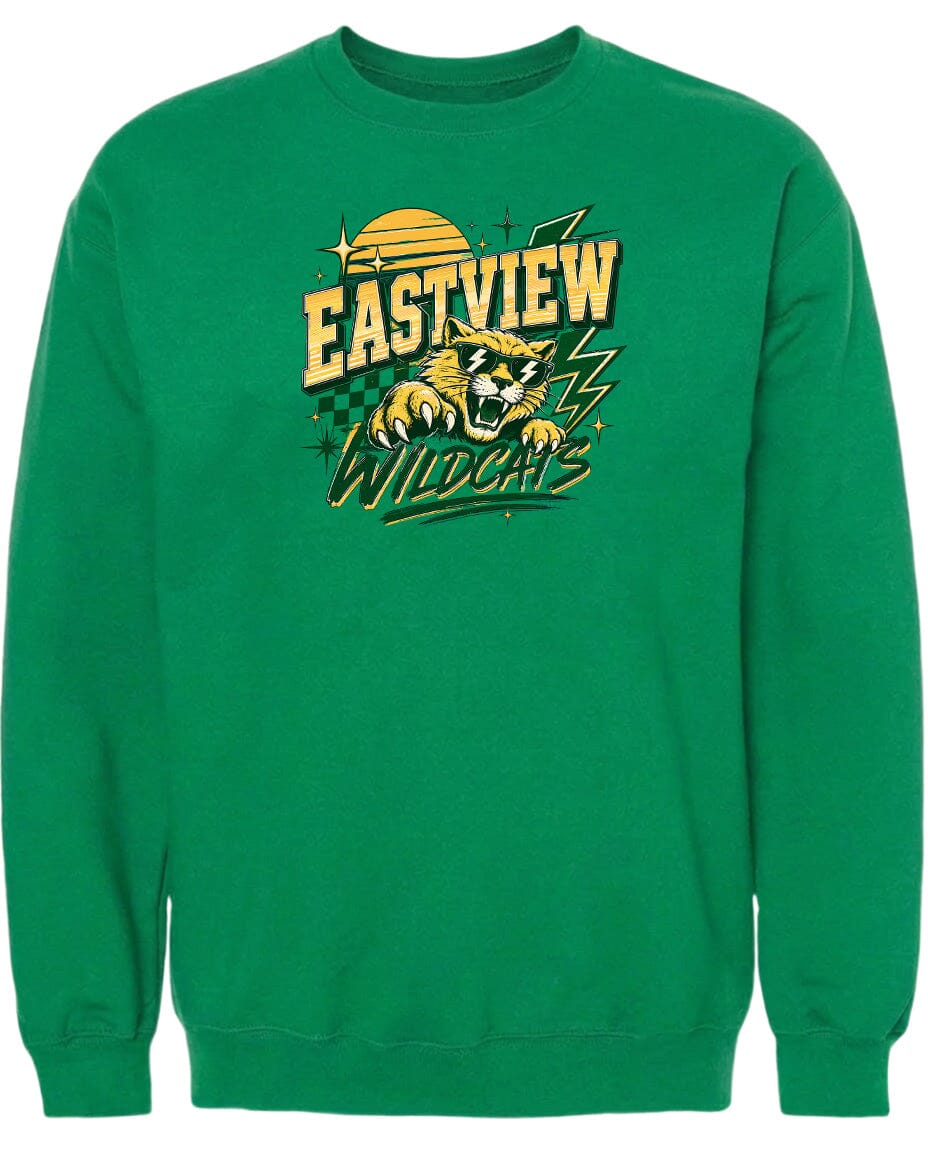 A green sweatshirt with a graphic design featuring a tiger and the text "EASTVIEW WILDCATS" printed on it.