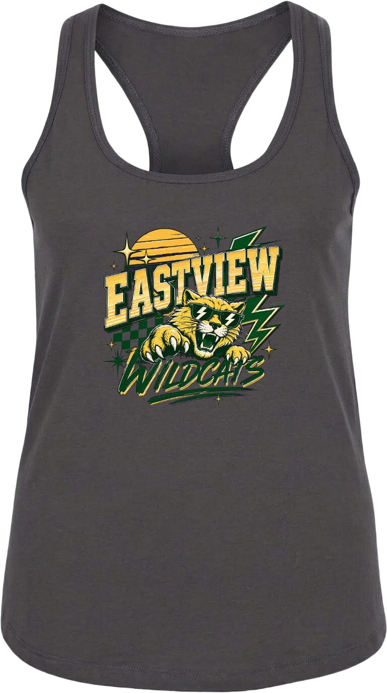 A gray tank top with a graphic design featuring a cat and the text "EASTVIEW WILDCATS" printed on it.