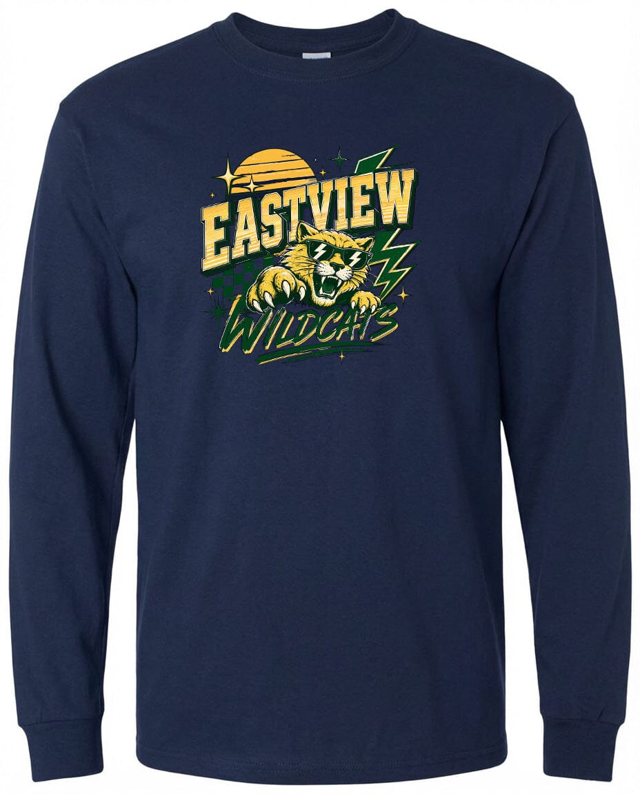 A navy blue long-sleeved t-shirt with a graphic design featuring a tiger and the text "EASTVIEW WILDCATS" printed on it.