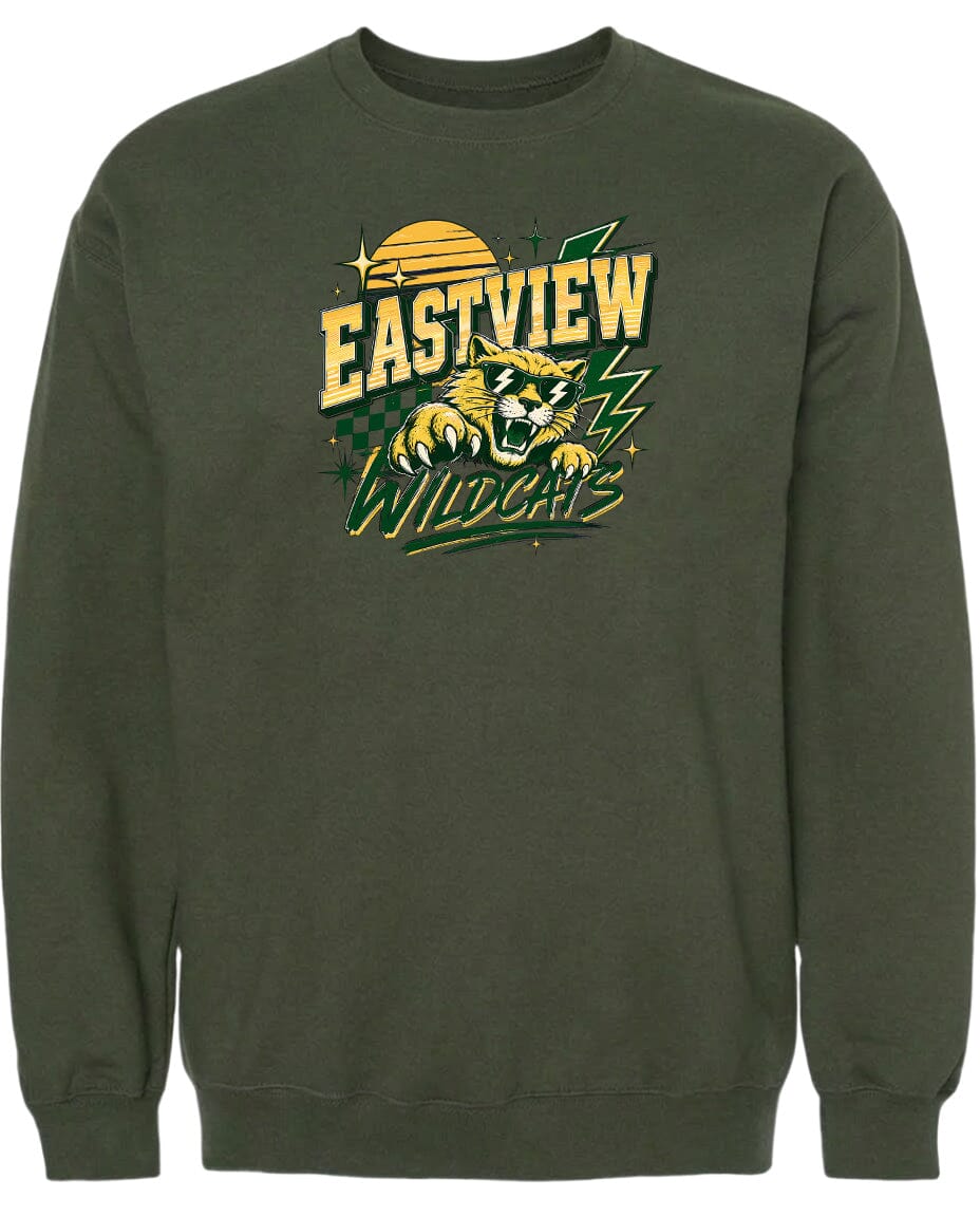 A dark green sweatshirt with a graphic design featuring a tiger and the text "EASTVIEW WILDCATS" printed on it.