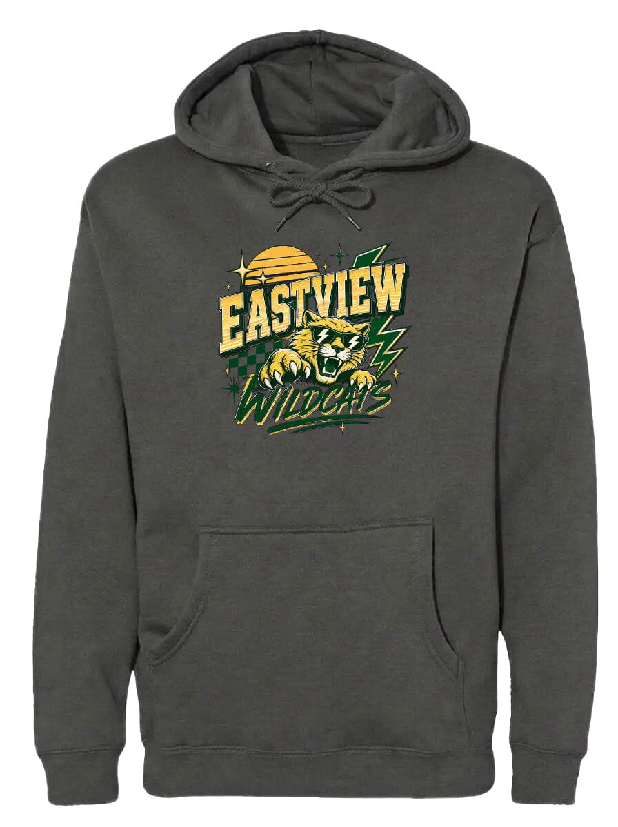 A gray hoodie with a graphic design featuring a panther and the text "EASTVIEW WILDCATS" printed on it.