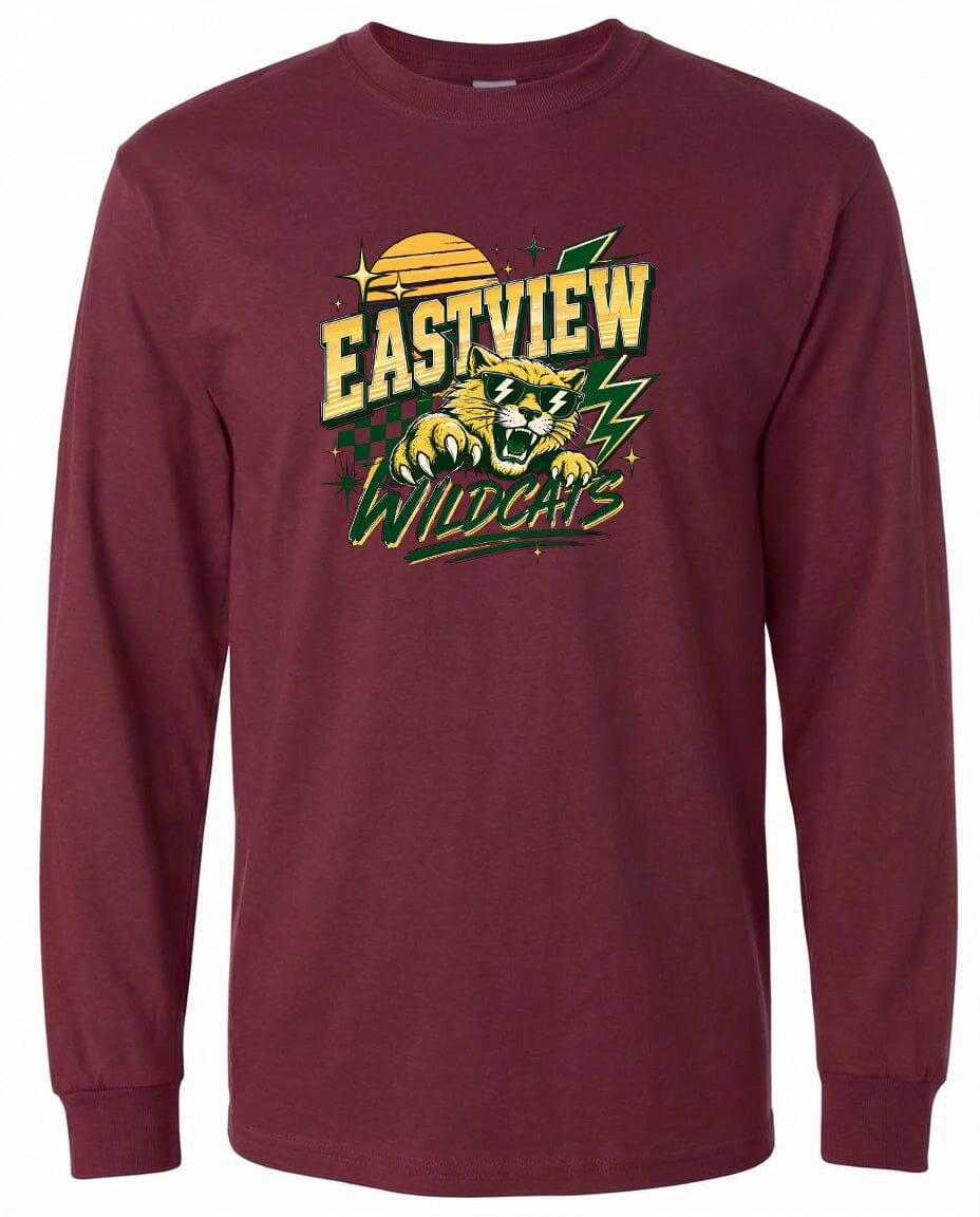 A burgundy long-sleeved t-shirt with a graphic design featuring a tiger and the text "EASTVIEW WILDCATS" printed on it.