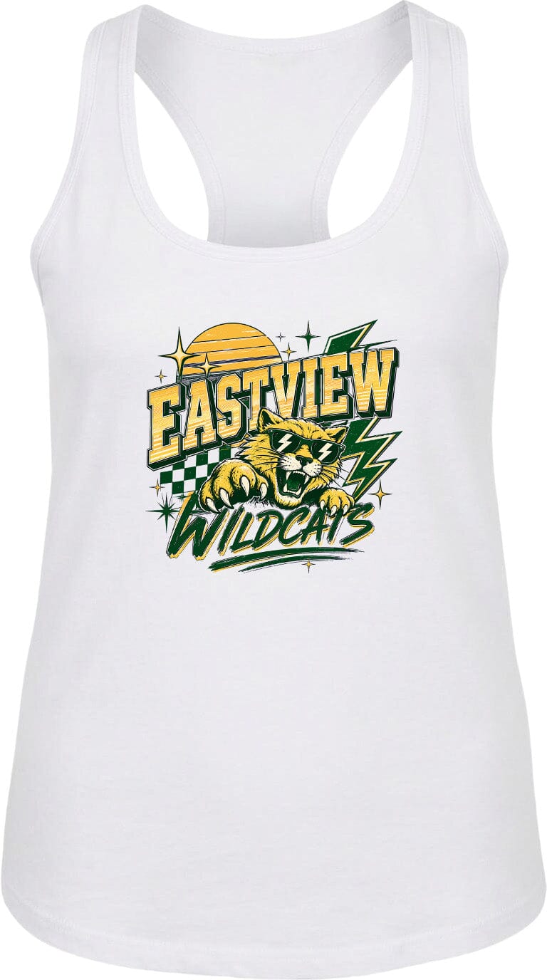 A white tank top with a graphic design featuring a cat and the text "EASTVIEW WILDCATS".