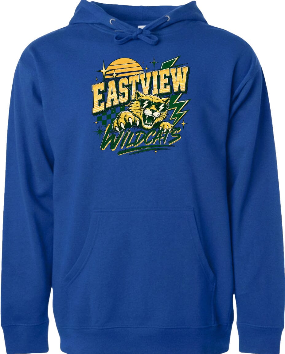 A blue hoodie with a graphic design featuring a tiger and the text "EASTVIEW WILDCATS" printed on it.