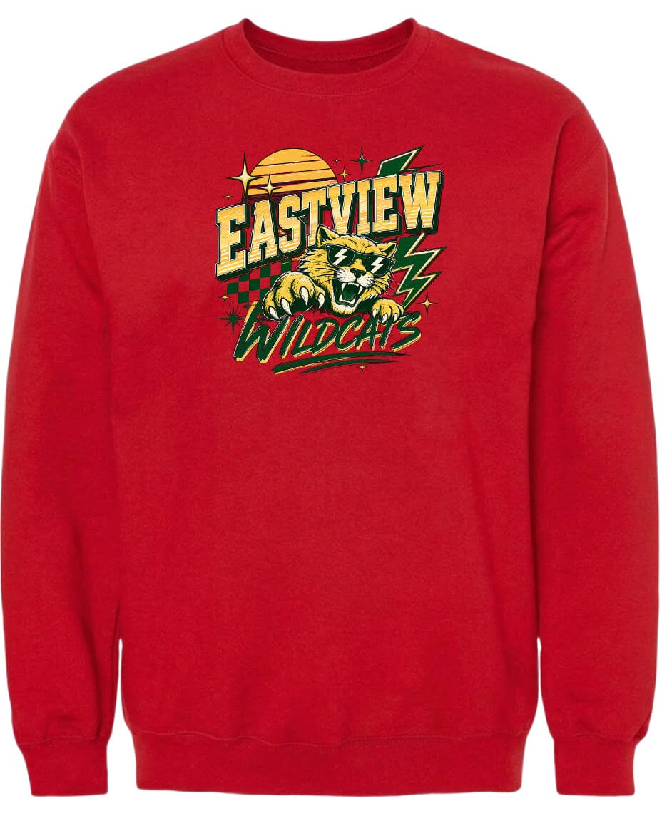 A red sweatshirt with a graphic design featuring a tiger and the text "EASTVIEW WILDCATS".