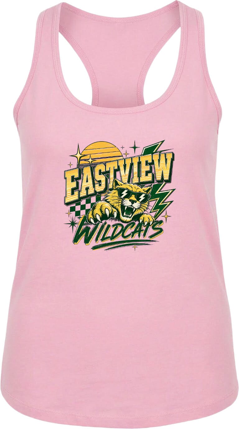 A pink tank top with a graphic design featuring a cat and the text "EASTVIEW WILDCATS".