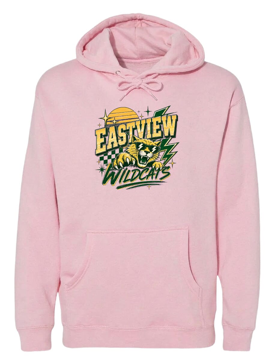 A pink hoodie with a graphic design featuring a panther and the text "EASTVIEW WILDCATS" printed on it.
