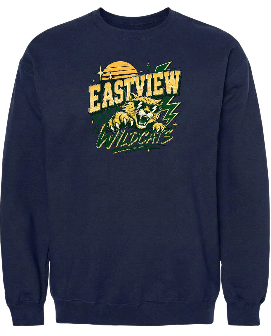 A navy blue sweatshirt with a graphic design featuring a tiger or panther-like creature and the text "EASTVIEW WILDCATS" printed on it.
