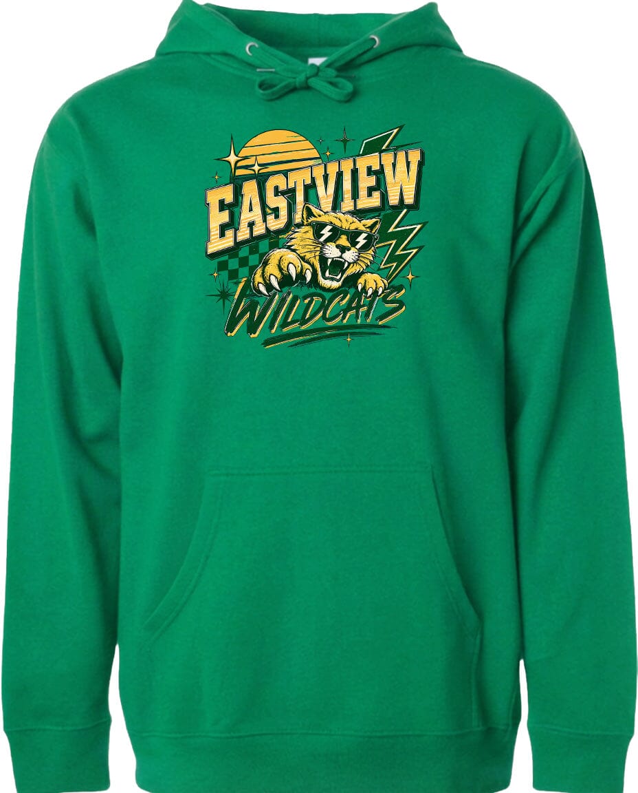 A green hoodie with a graphic design featuring a tiger and the text "EASTVIEW WILDCATS" printed on it.