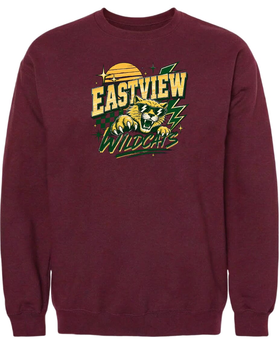 A burgundy sweatshirt with a graphic design featuring a tiger and the text "EASTVIEW WILDCATS" printed on it.