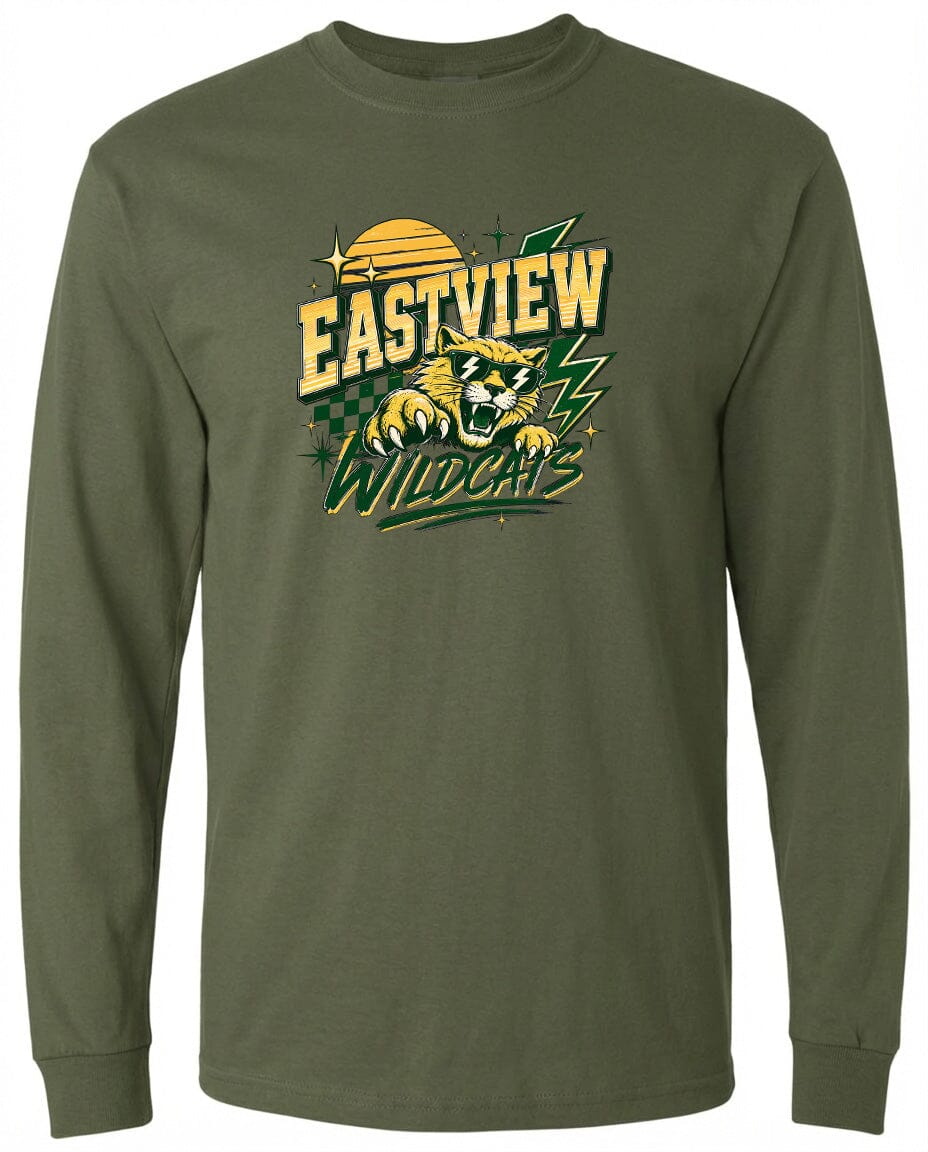A long-sleeved olive green t-shirt with a graphic design featuring a yellow sun, green lightning bolts, and a cartoon-like wildcat.