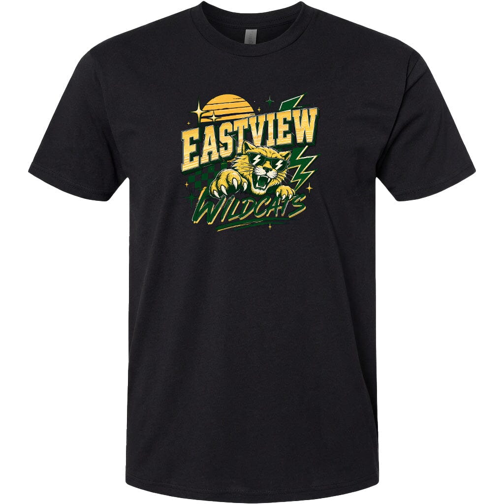 A black t-shirt with a graphic design featuring a tiger and the text "EASTVIEW WILDCATS" printed on it.