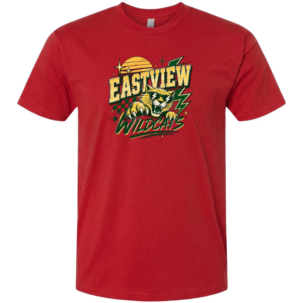 A red t-shirt with a graphic design featuring a stylized tiger or wildcat in the center, surrounded by various elements such as a sun, lightning bolts, and text.