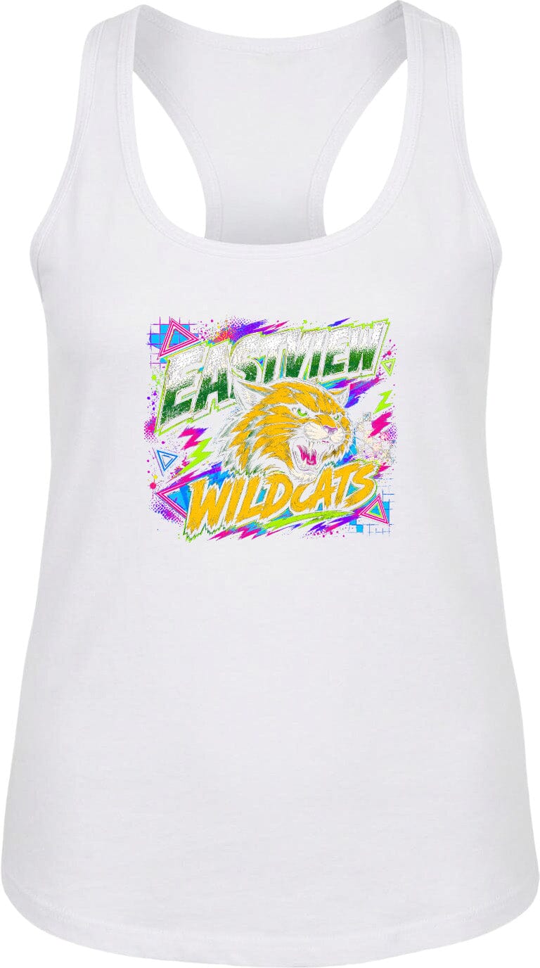 A white tank top with a graphic design featuring a stylized depiction of a cat or feline, along with the text "EASTVIEW WILDCATS".