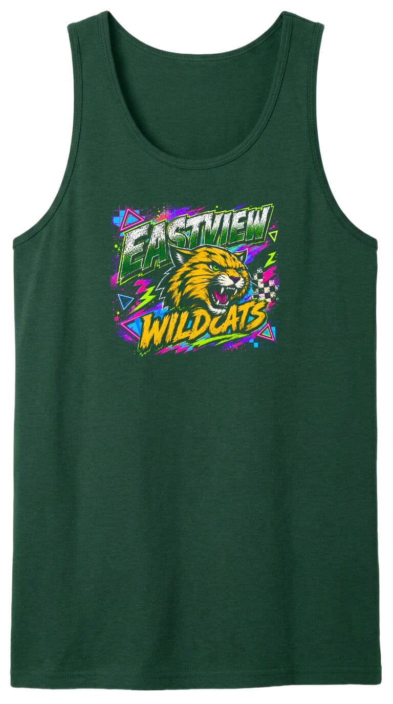 A green tank top with a graphic design featuring a cartoon-like wildcat's head surrounded by colorful, abstract shapes and text.