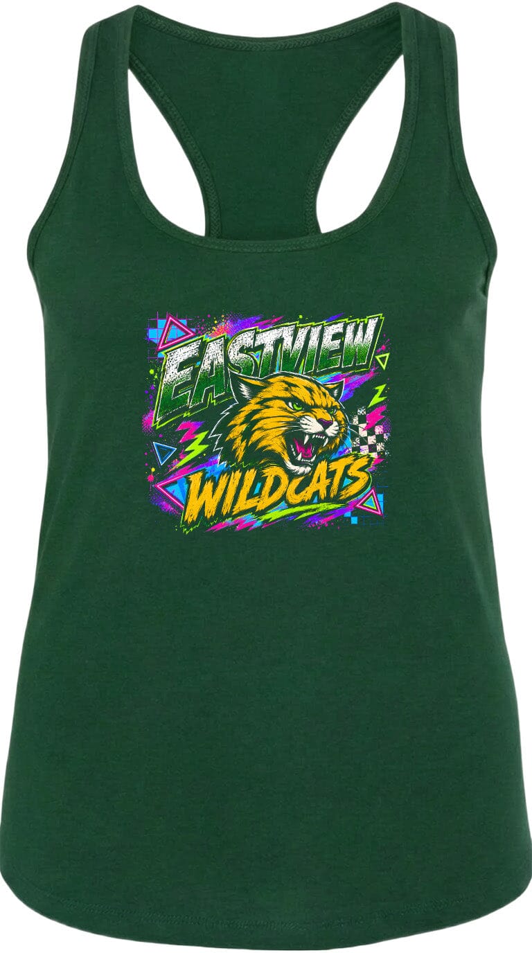 A green tank top with a graphic design featuring a yellow and orange cat's head surrounded by colorful geometric shapes and the text "EASTVIEW WILDCATS".