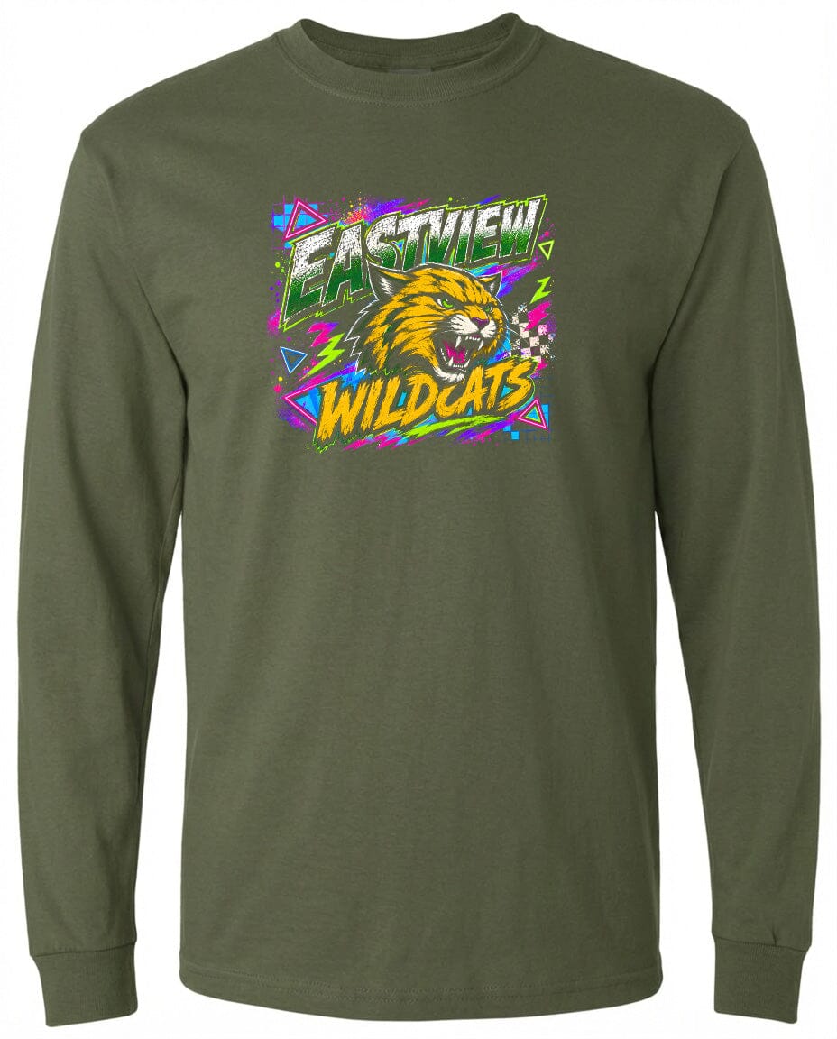 A long-sleeved olive green t-shirt with a graphic design featuring a yellow and orange cat's head and the text "EASTVIEW WILDCATS" in a colorful, retro-style font.