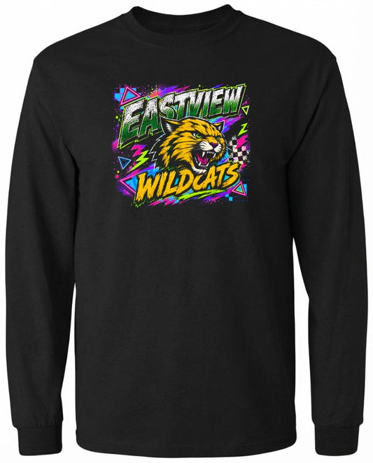 A black long-sleeved t-shirt with a graphic design featuring a yellow and orange cat's head surrounded by colorful geometric shapes and text.