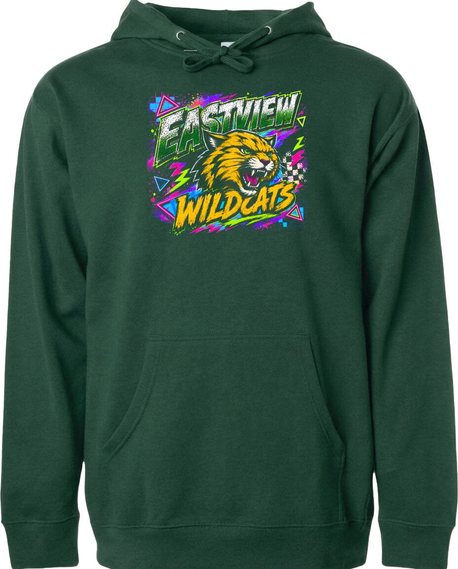 A green hoodie with a graphic design featuring a cartoon-like wildcat's head and the text "EASTVIEW WILDCATS" printed on it.