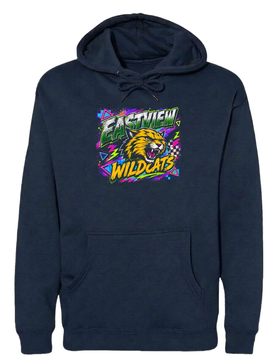 A navy blue hoodie with a graphic design featuring a yellow and black cat's head surrounded by colorful geometric shapes and the text "EASTVIEW WILDCATS".