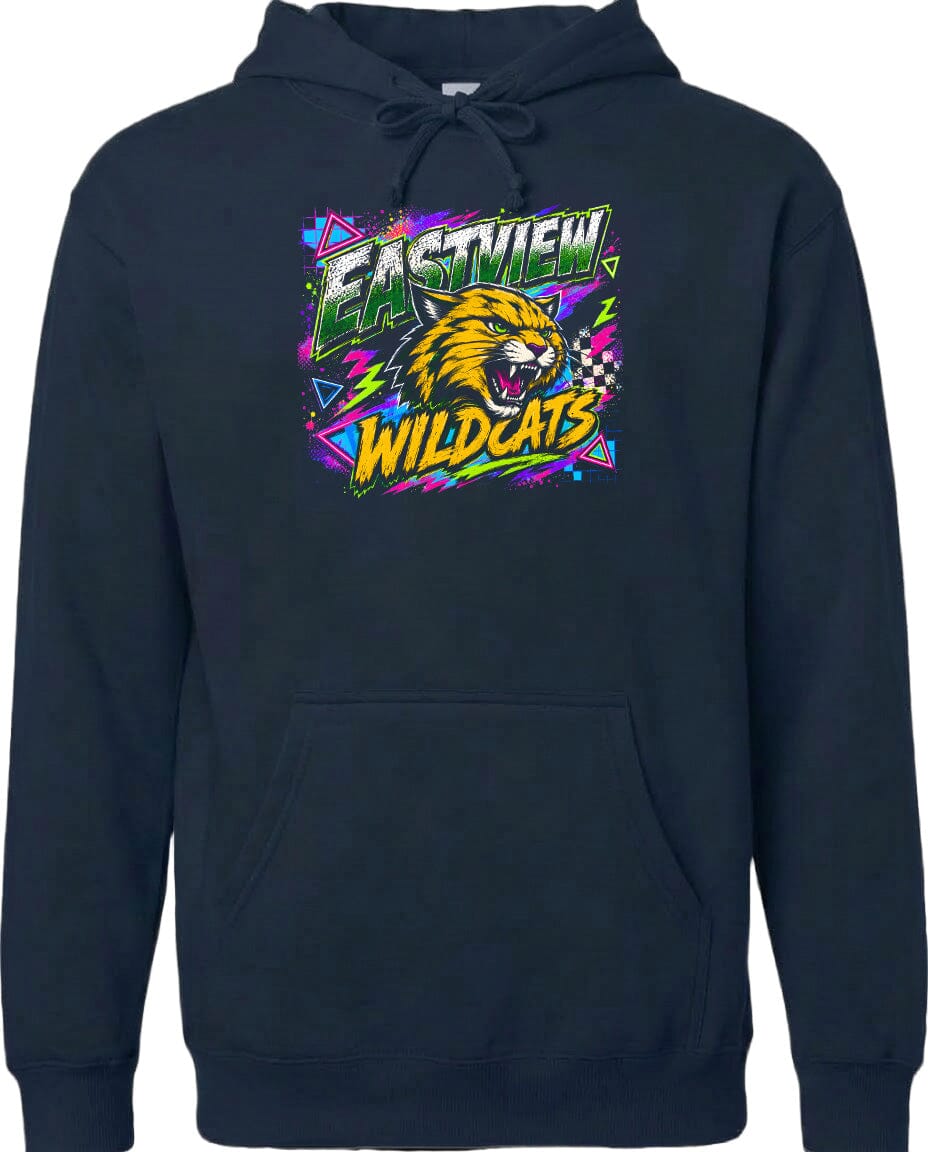 A black hoodie with a graphic design featuring a fierce-looking cat and the text "EASTVIEW WILDCATS" in a colorful, retro-style font.