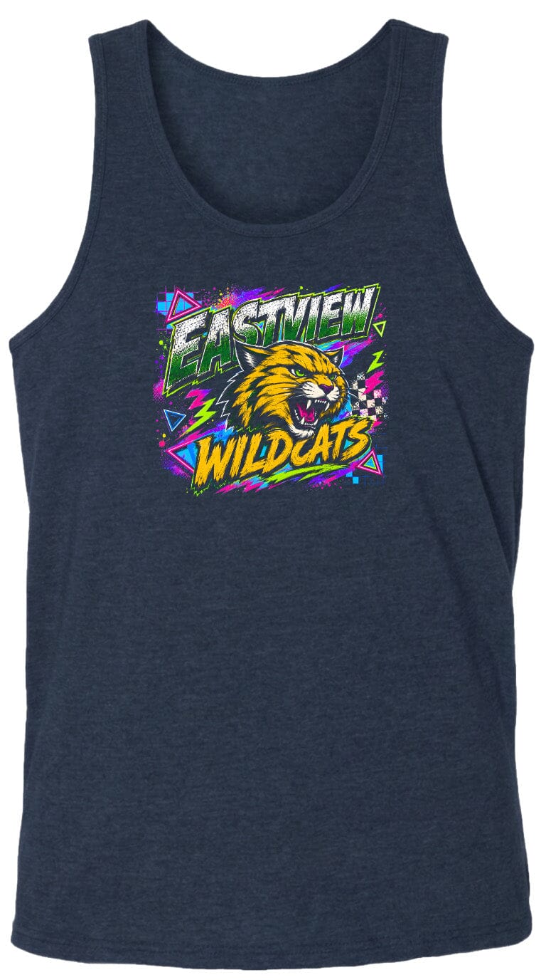 A dark blue tank top with a graphic design featuring a cartoon-like wildcat's head surrounded by colorful, abstract shapes and text.