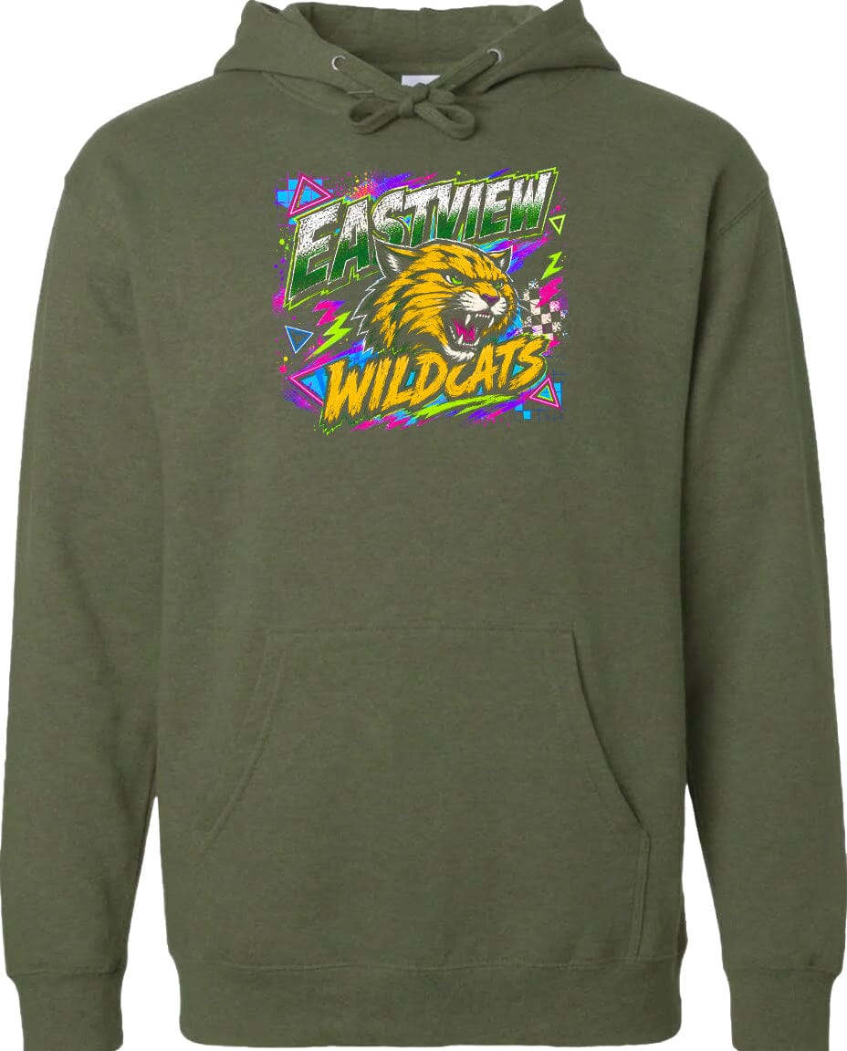 A hoodie with a graphic design featuring a cartoon-like wildcat's head and the text "EASTVIEW WILDCATS" in a colorful, retro-style font.