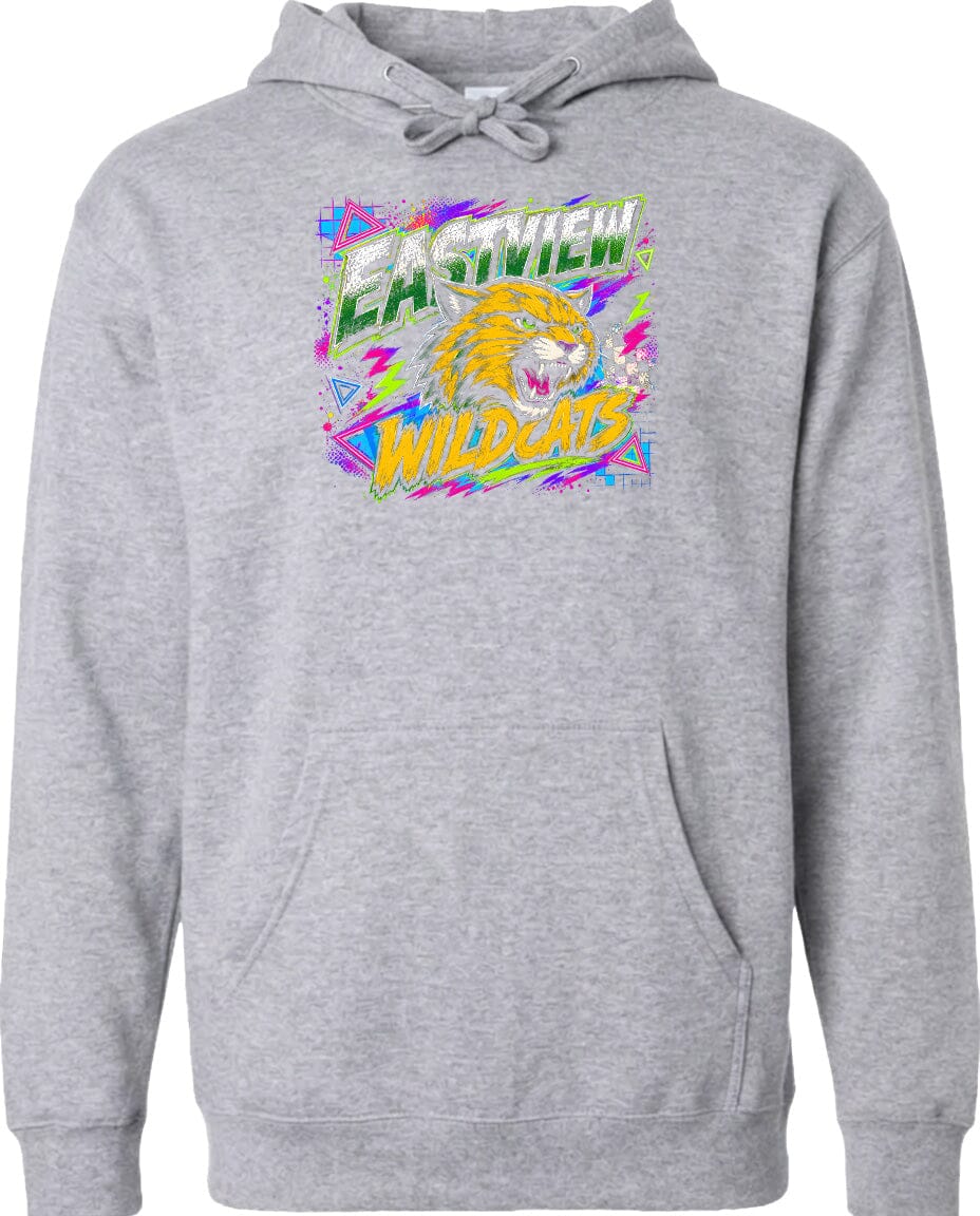 A gray hoodie with a graphic design featuring a cartoon-like tiger or wildcat with a colorful, retro-style background.