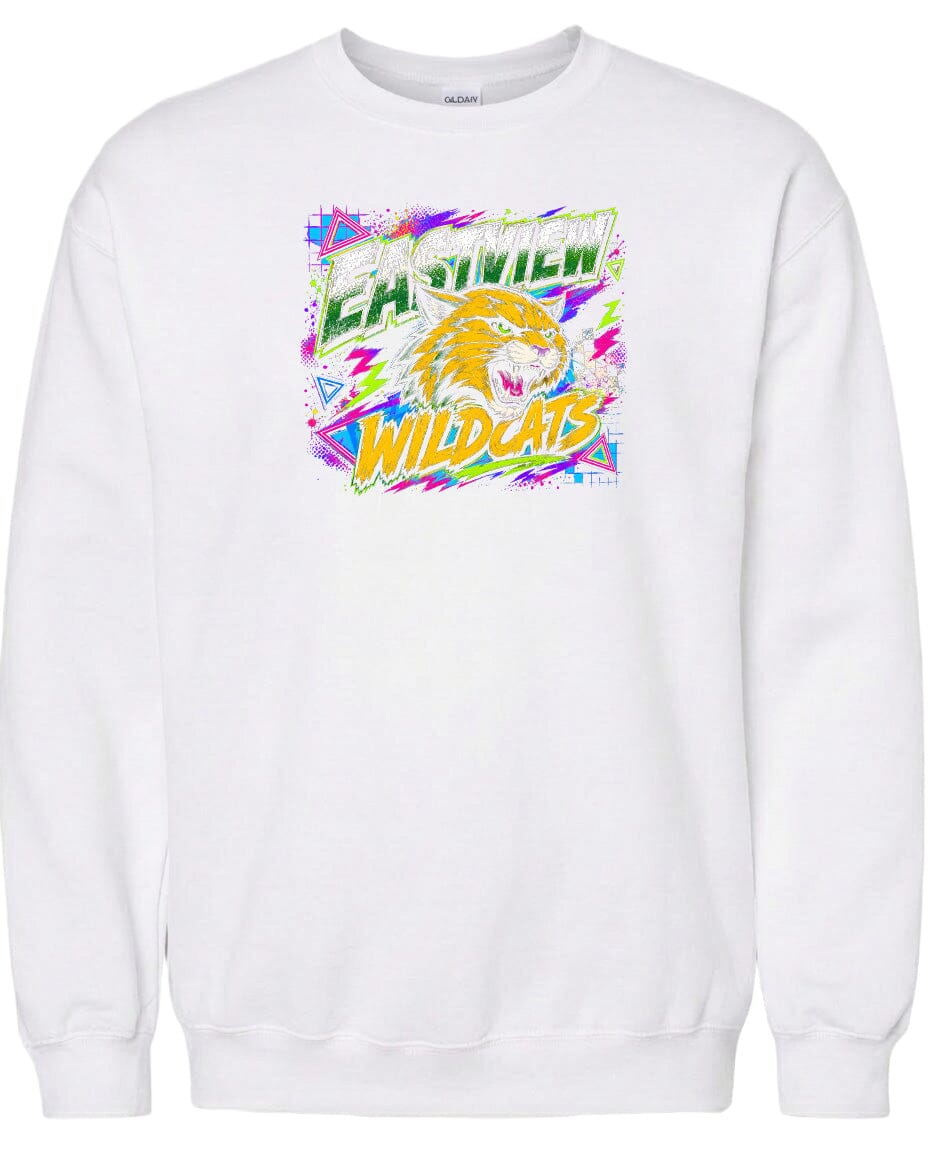 A white sweatshirt with a graphic design featuring a yellow and orange tiger's head surrounded by colorful, abstract shapes and text.