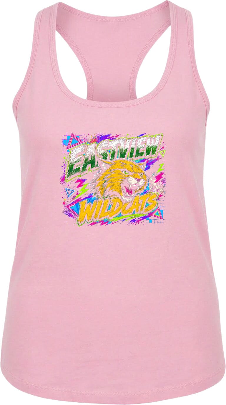 A pink tank top with a graphic design featuring a yellow and orange cat-like creature and the text "EASTVIEW WILDCATS" printed on it.