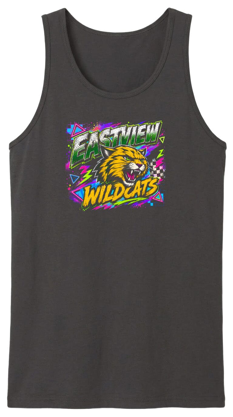 A black tank top with a graphic design featuring a yellow and orange wildcat's head surrounded by colorful geometric shapes and text.