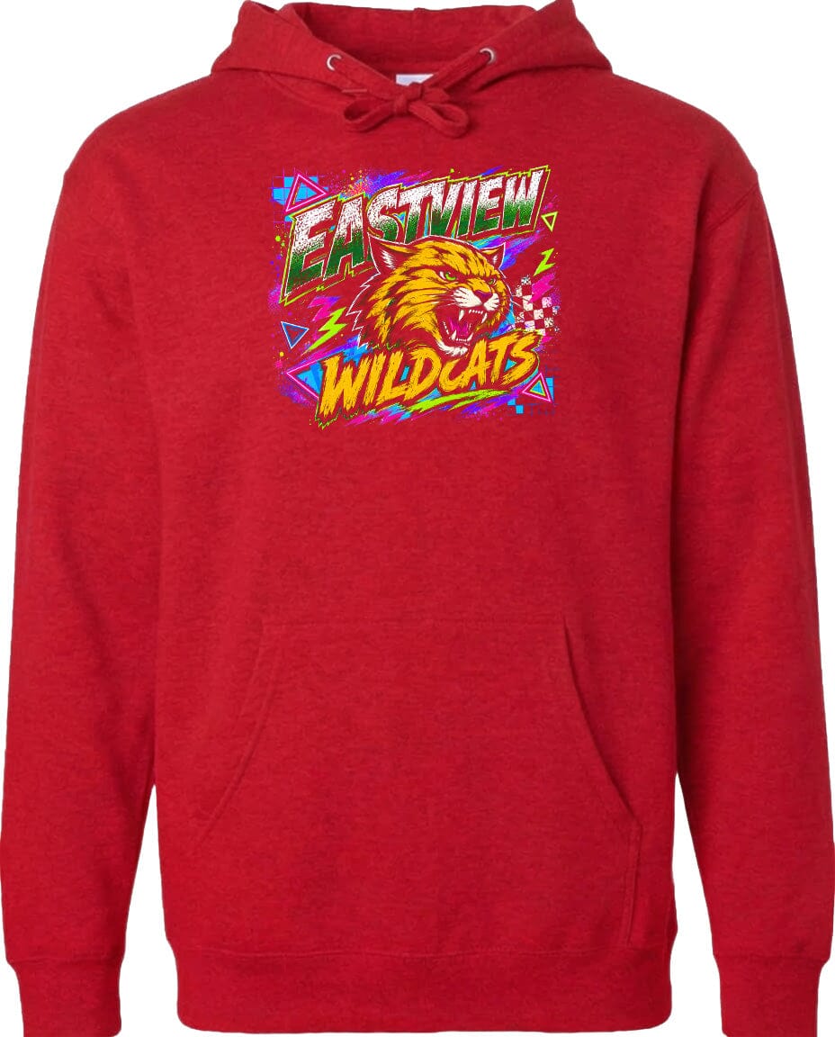 A red hoodie with a graphic design featuring a fierce-looking tiger or lion-like creature and the text "EASTVIEW WILDCATS".